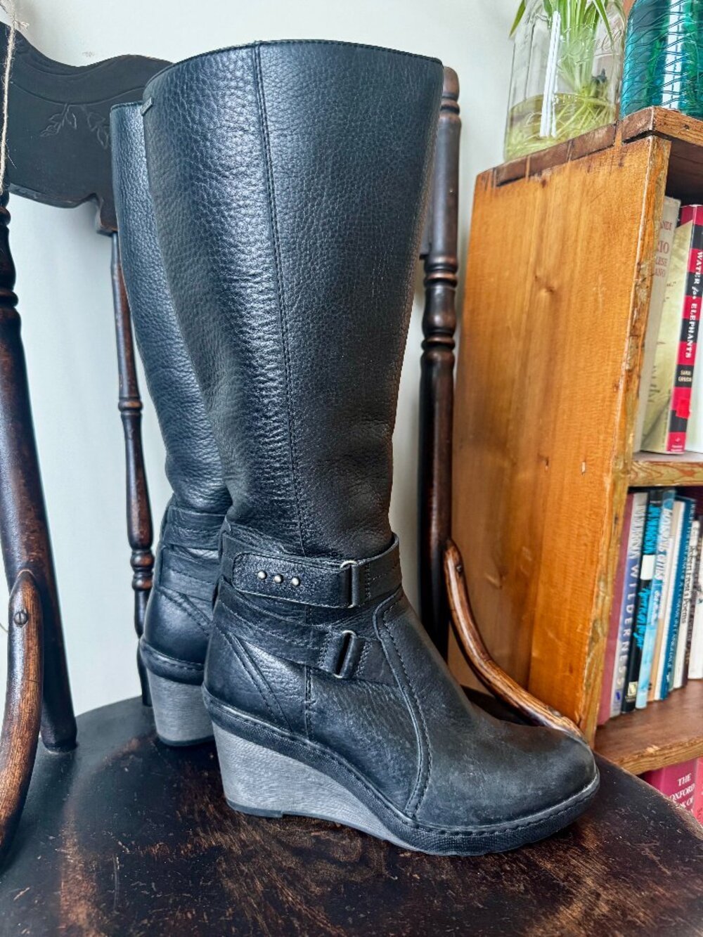 Clarks Natira Kae GTX Black Leather GORE-TEX Wedge Boots 8
